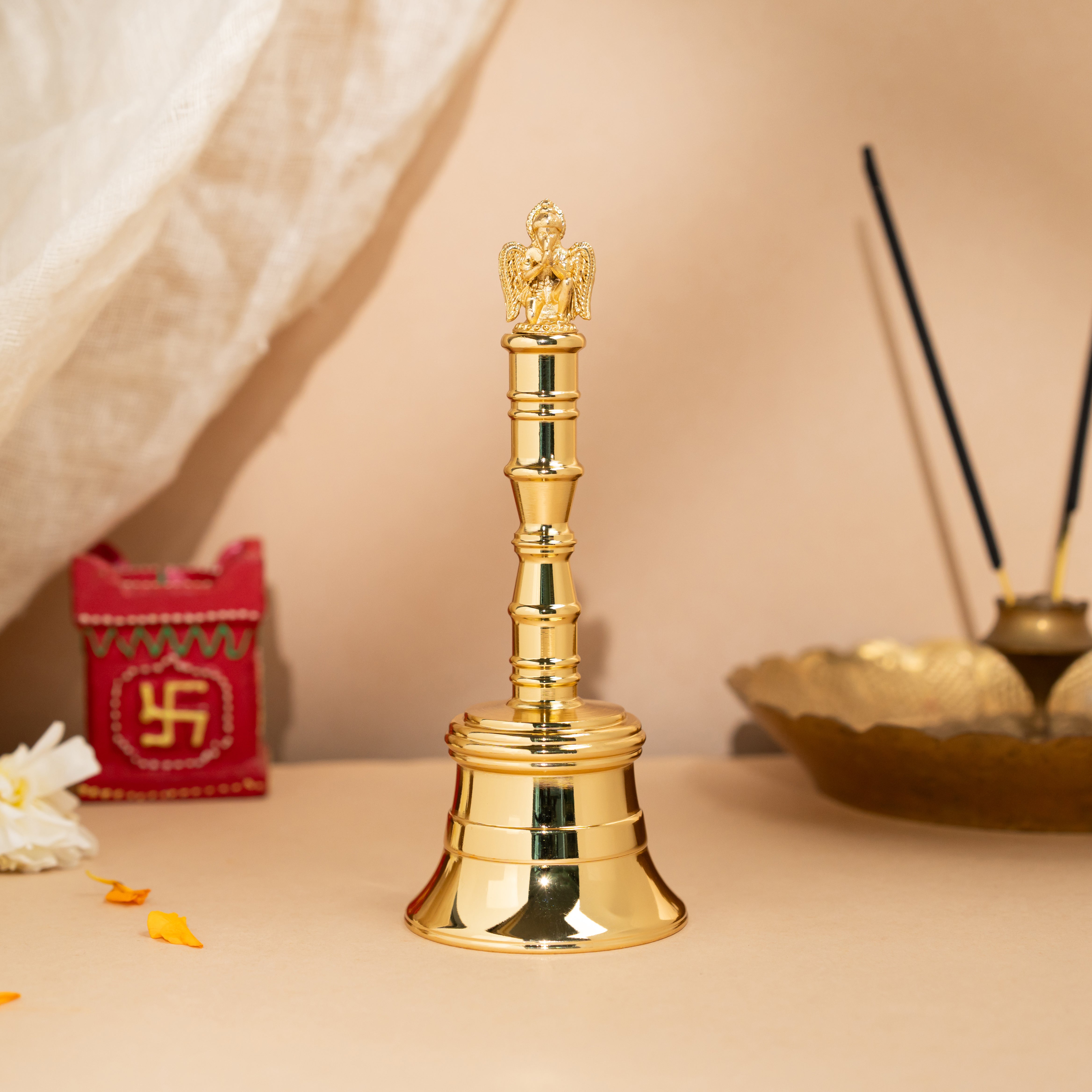 Gold garuda Namaste - Handcrafted Brass Ritual Bell – Decorative Spiritual Bell for Meditation & Home Décor